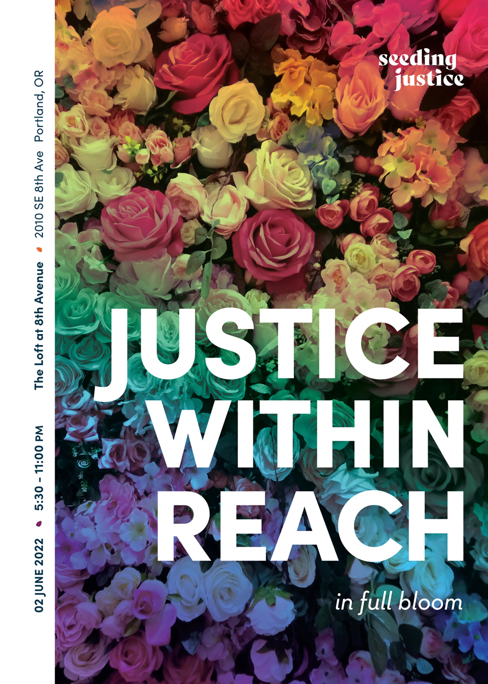 Our rainbow-hued Justice Within Reach event poster.